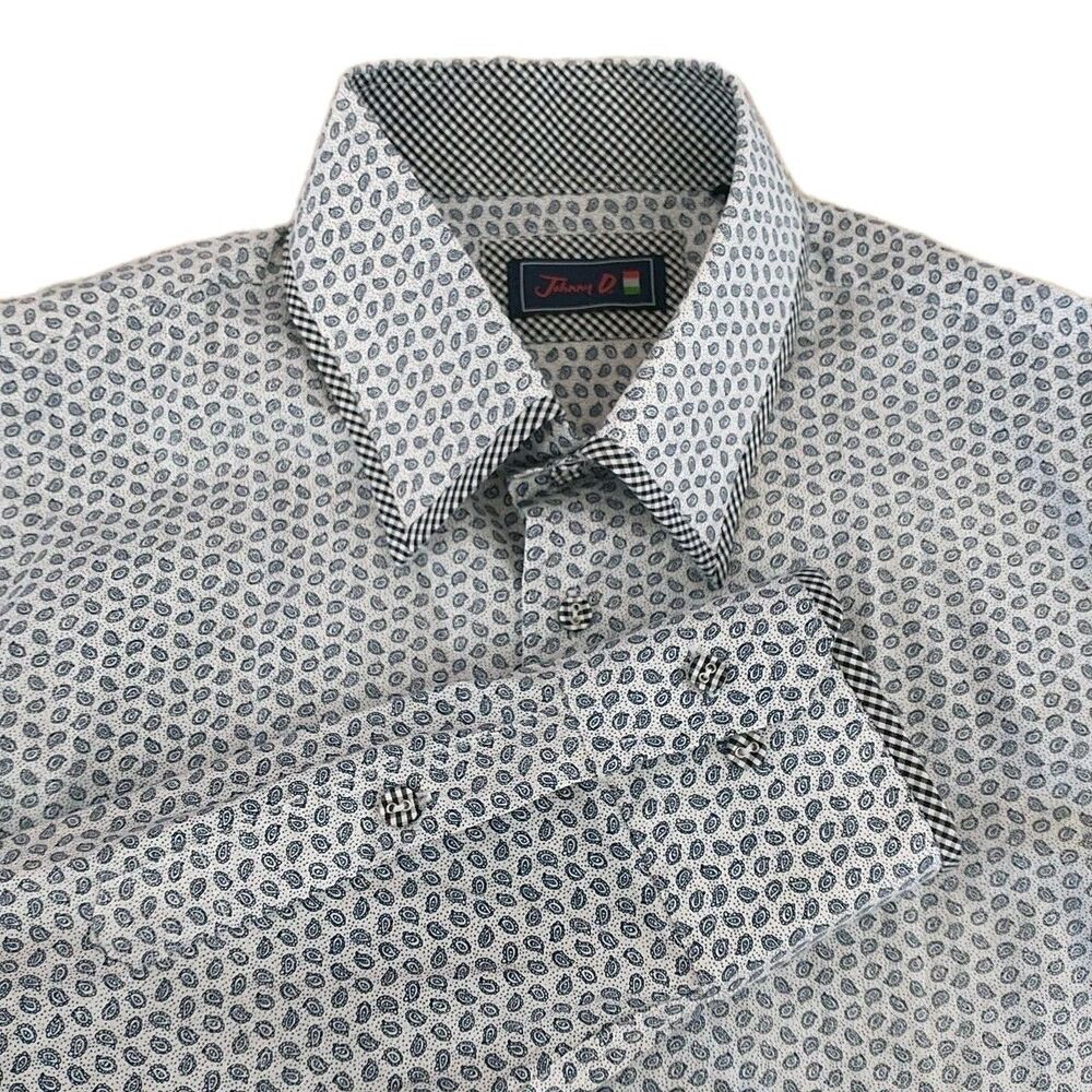 Johnny D Button Up Shirt Mens XL 18 Blue Paisley Plaid Trim Long Sleeve Cotton